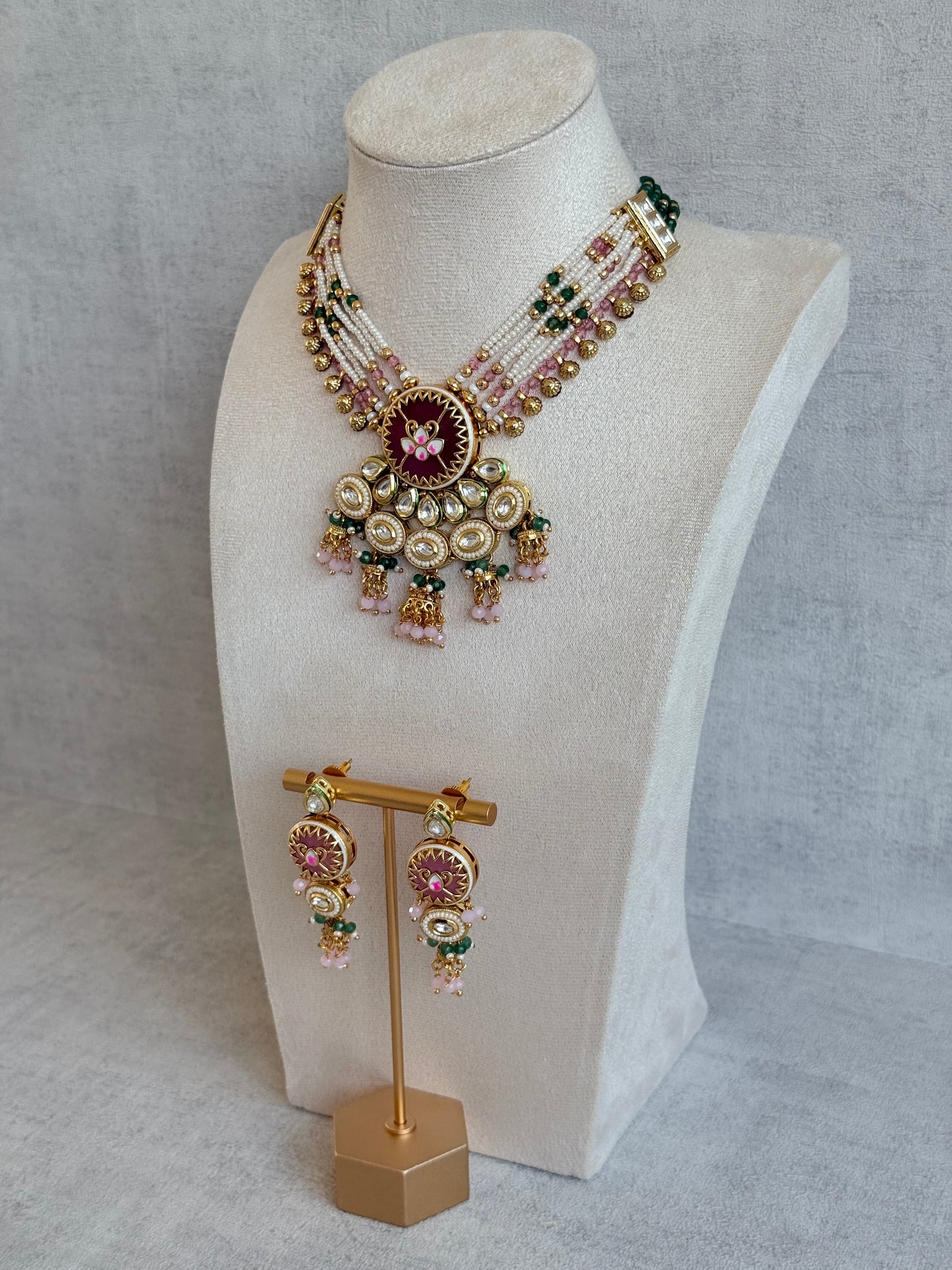 Ayura Designs Hasika Necklace Set with Earrings – Rose Pink, Emerald Green, Kundan & Pearl Detailing