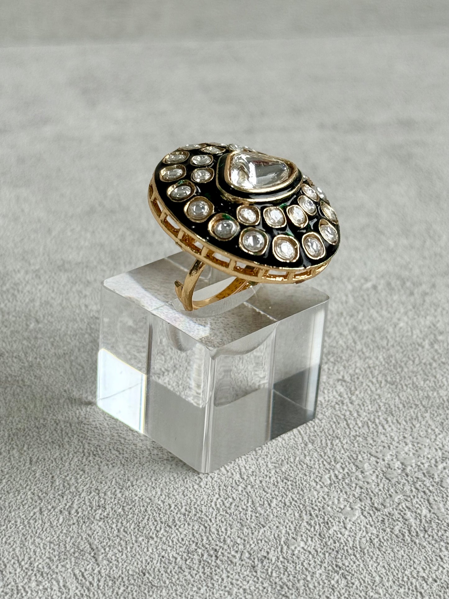 Ayura Designs Firdos Adjustable Ring – Mirror-Cut Stone Statement Ring with Green Enamel