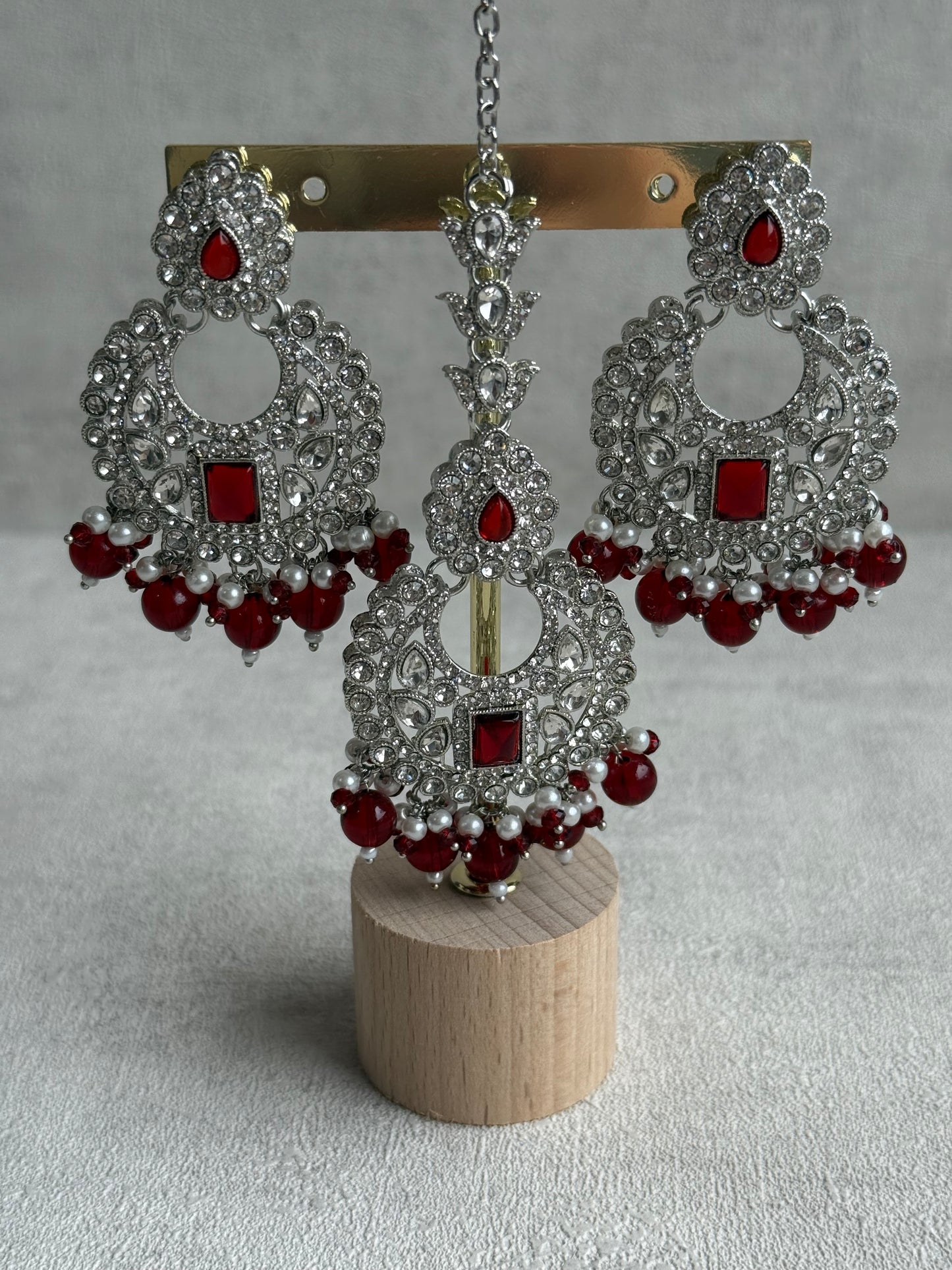 Ayura Designs Nandhini Set – Choker, Earrings & Tikka with Ruby Red Stones, Pearls & Silver Finish