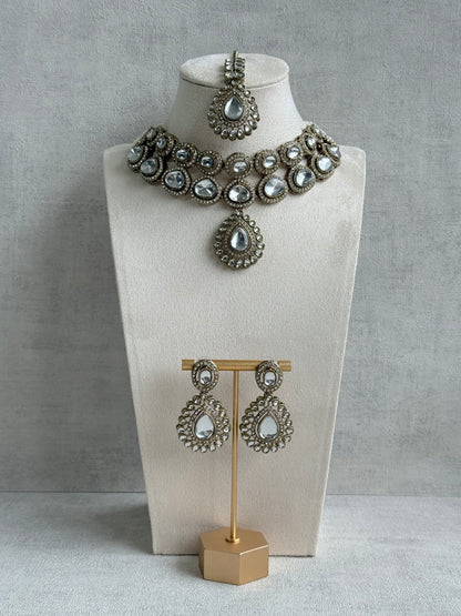 Ayura Designs Tamara Set with Necklace, Earrings & Tikka – All Mirror-Cut Stones with Kundan Detailing in Antique Gold Finish