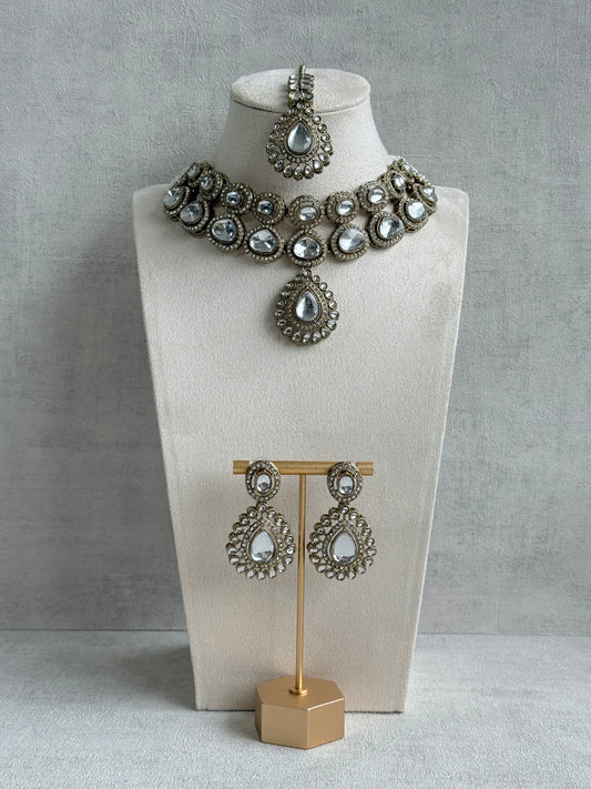 Ayura Designs Tamara Set with Necklace, Earrings & Tikka – All Mirror-Cut Stones with Kundan Detailing in Antique Gold Finish