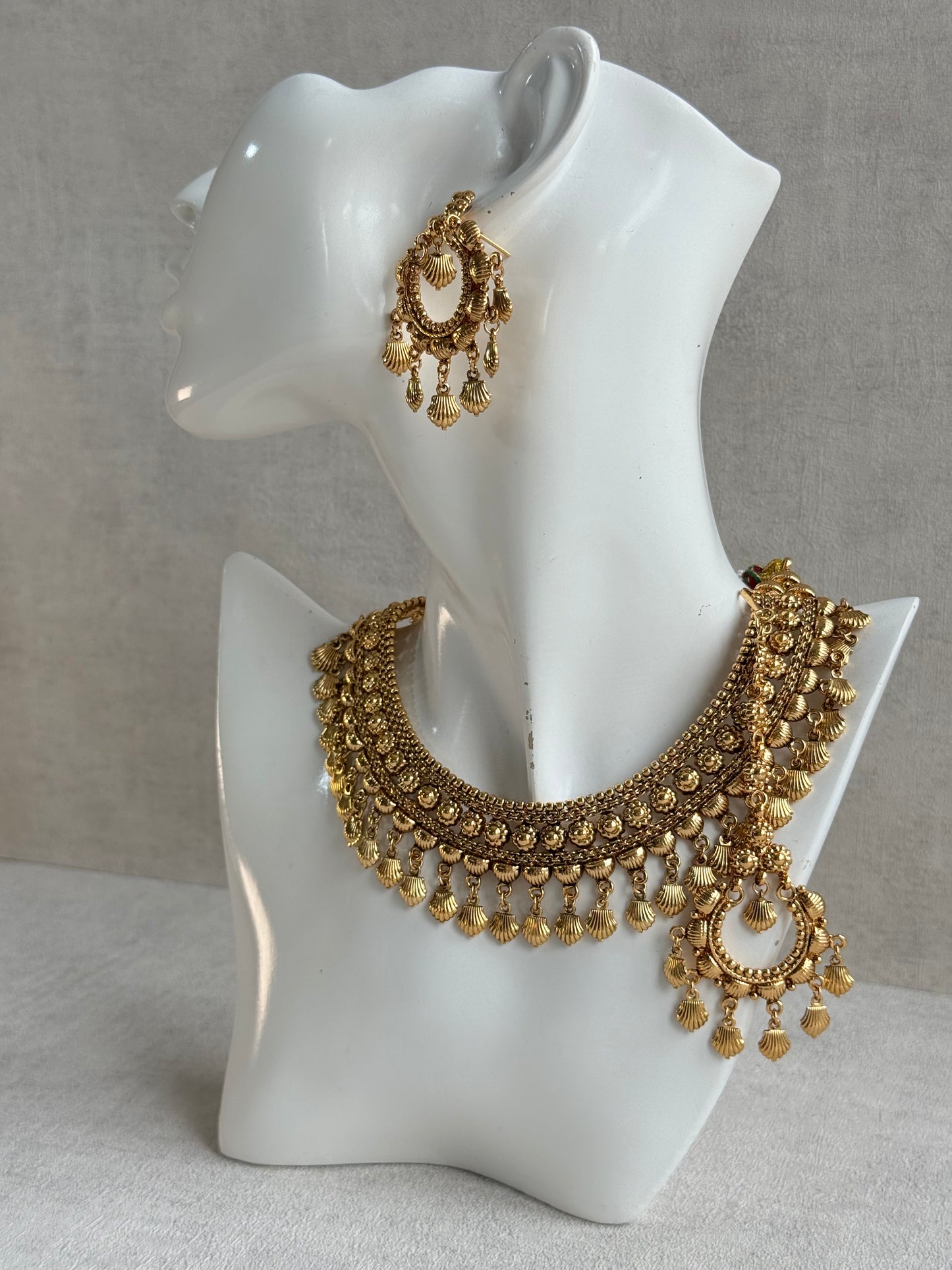 Ayura Designs Falaq Necklace Set with Earrings & Tikka – Gold Finish with Layered Chain, Floral & Shell Drop Detailing