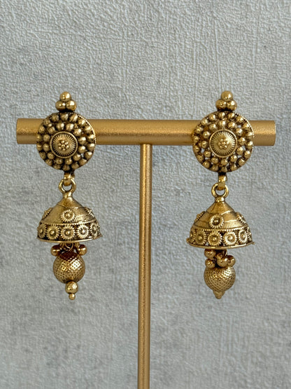 Ayura Designs Reet Set with Necklace & Jhumkis – Antique Gold with Textured Floral Motifs & Dome Drops