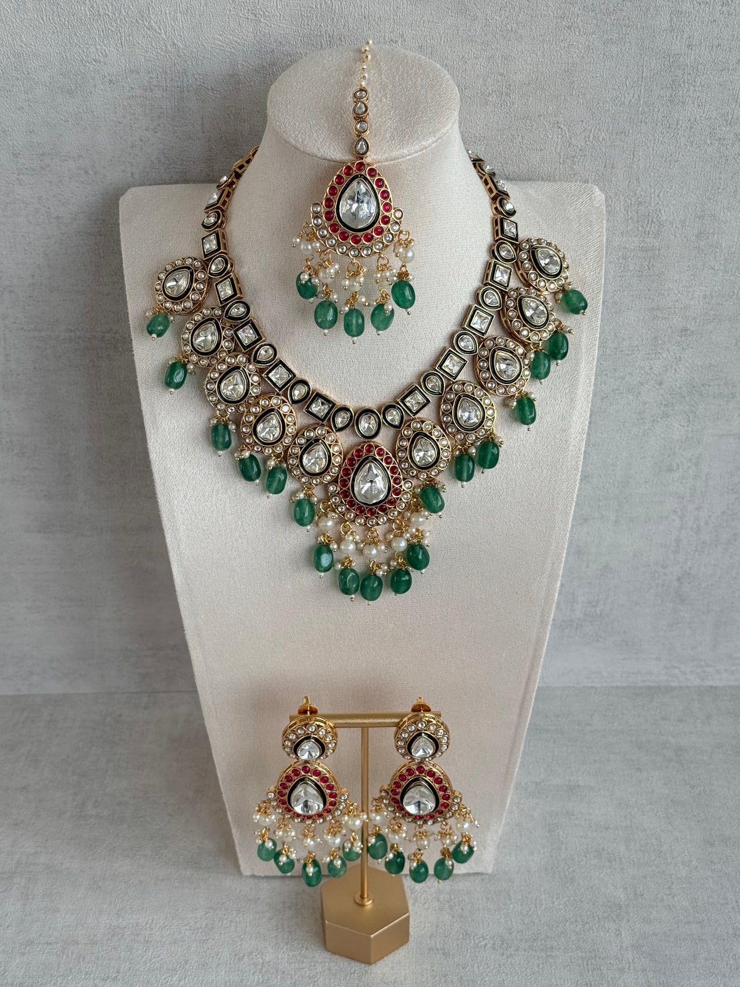Ayura Designs Eesha Set with Necklace, Earrings & Tikka – Multicolour Stones with Kundan Detailing, Emerald Green Beads & Pearl Drops