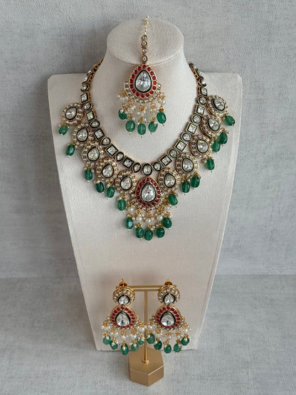 Ayura Designs Eesha Set with Necklace, Earrings & Tikka – Multicolour Stones with Kundan Detailing, Emerald Green Beads & Pearl Drops