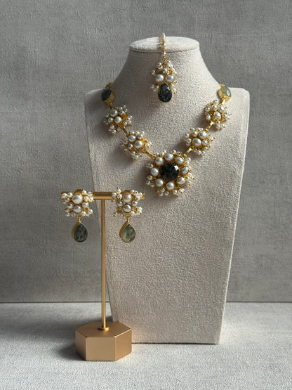 Ayura Designs Mireya Set with Earrings & Tikka – Pearls, Prehnite Drops & Antique Gold Finish