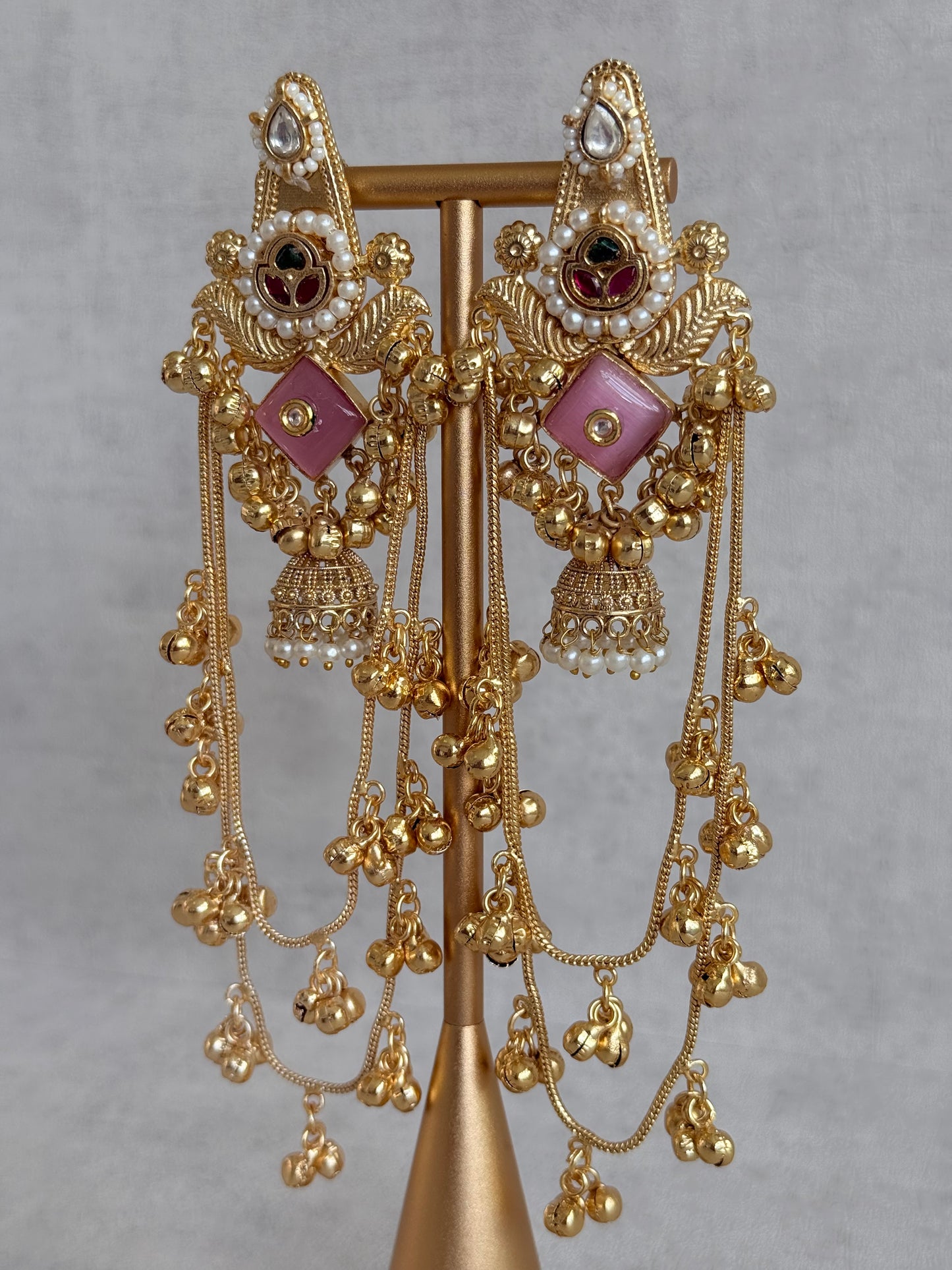 Ayura Designs Simal Earrings – Kashmiri Earrings with Pink Stone, Multicoloured Detailing, Layered Ghungroo Chains & Jhumkis