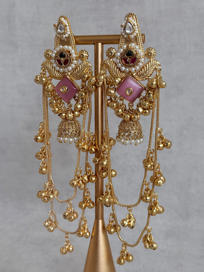 Ayura Designs Simal Earrings – Kashmiri Earrings with Pink Stone, Multicoloured Detailing, Layered Ghungroo Chains & Jhumkis