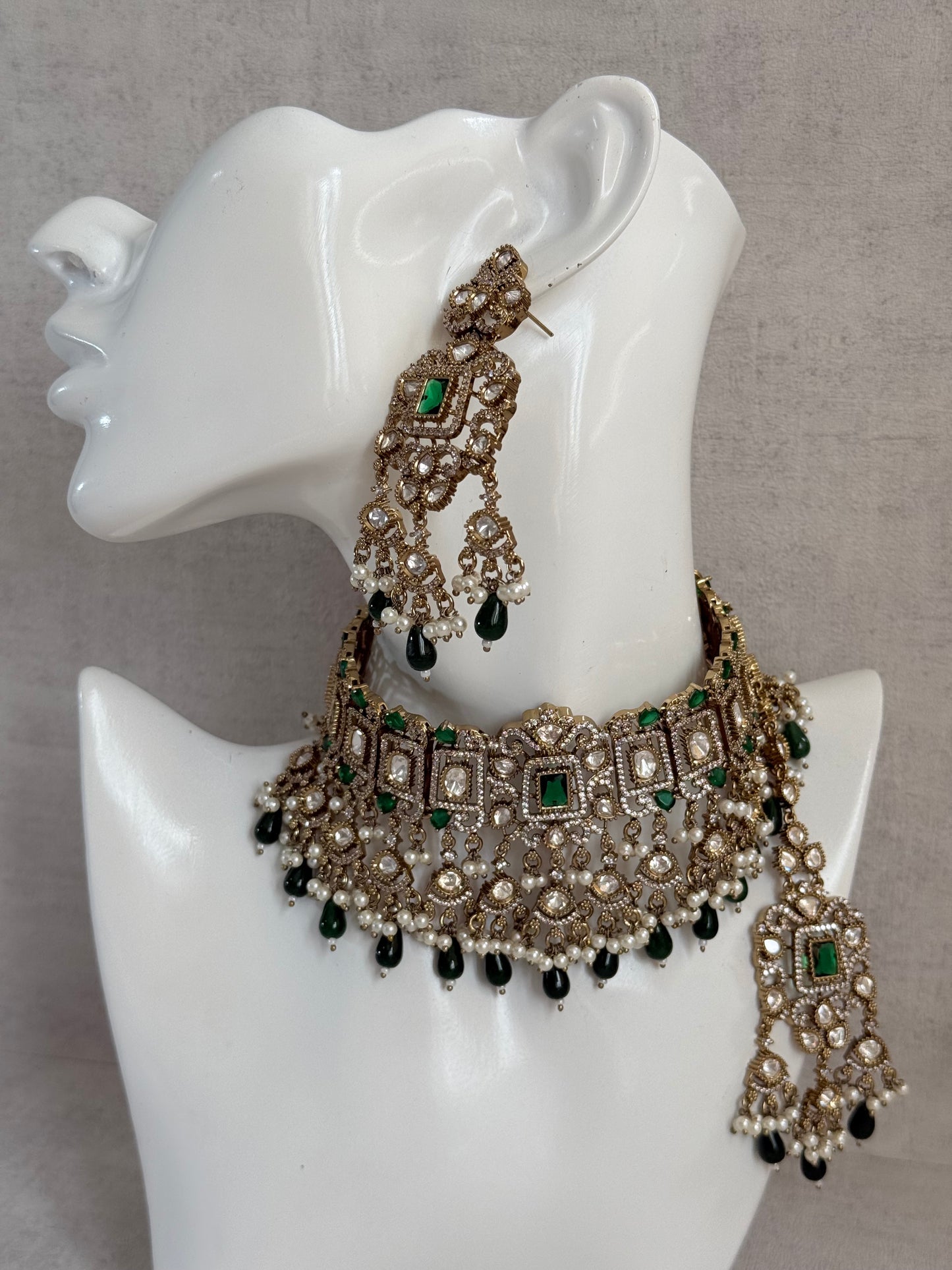 Ayura Designs Aisha Choker Set with Earrings & Tikka – Emerald Green Stones, Polki & Pearl Detailing