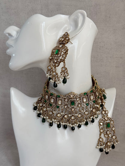 Ayura Designs Aisha Choker Set with Earrings & Tikka – Emerald Green Stones, Polki & Pearl Detailing