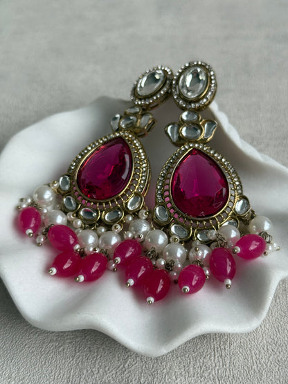 Ayura Designs Nageen Earrings – Antique Gold Jhumkis with Hot Pink Stones, Mirror-Cut Accents & Pearl Drops