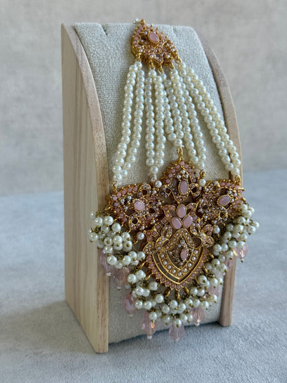 Ayura Designs Zahara Jhoomar Passa – Blush Pink Stones, Ivory Pearls & Gold Finish