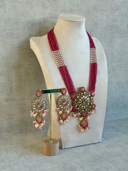 Ayura Designs Julia Set – Kundan Necklace & Earrings with Rose Pink Stones, Pearls & Crystal Detailing