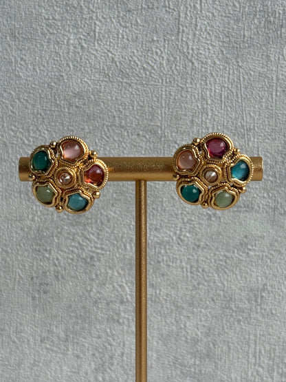 Ayura Designs Amala Set with Necklace, Studs & Tikka – Multicolour Stones & Antique Gold Finish