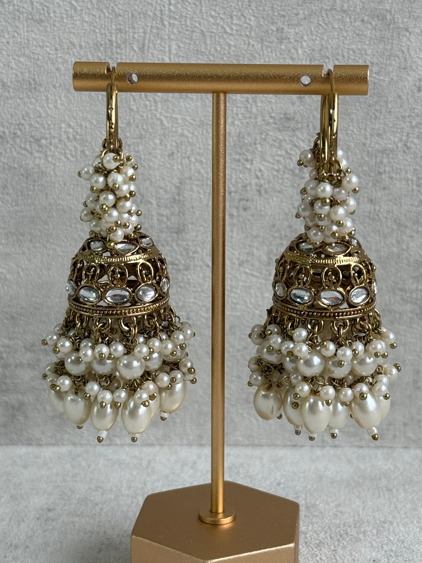 Ayura Designs Jugni Jhumkis – Antique Gold Balis with Pearl Clusters & Kundan Detailing