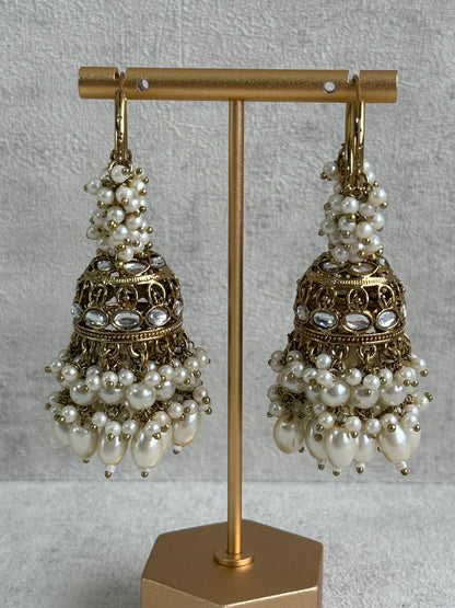 Ayura Designs Jugni Jhumkis – Antique Gold Balis with Pearl Clusters & Kundan Detailing