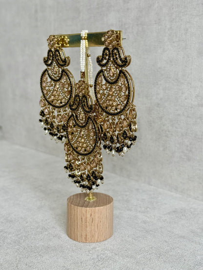 Ayura Designs Anvi Tikka Set with Earrings – Black with Champagne Stones & Pearl Drops