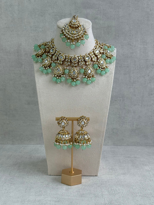 Ayura Designs Iyla Set with Necklace, Earrings & Tikka – Kundan Detailing, Ivory Pearl Drops & Mint Beads