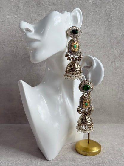 Ayura Designs Maara Jhumkis – Champagne Gold with Emerald Green Stones, Crystals, Ghungroos & Pearl Detailing