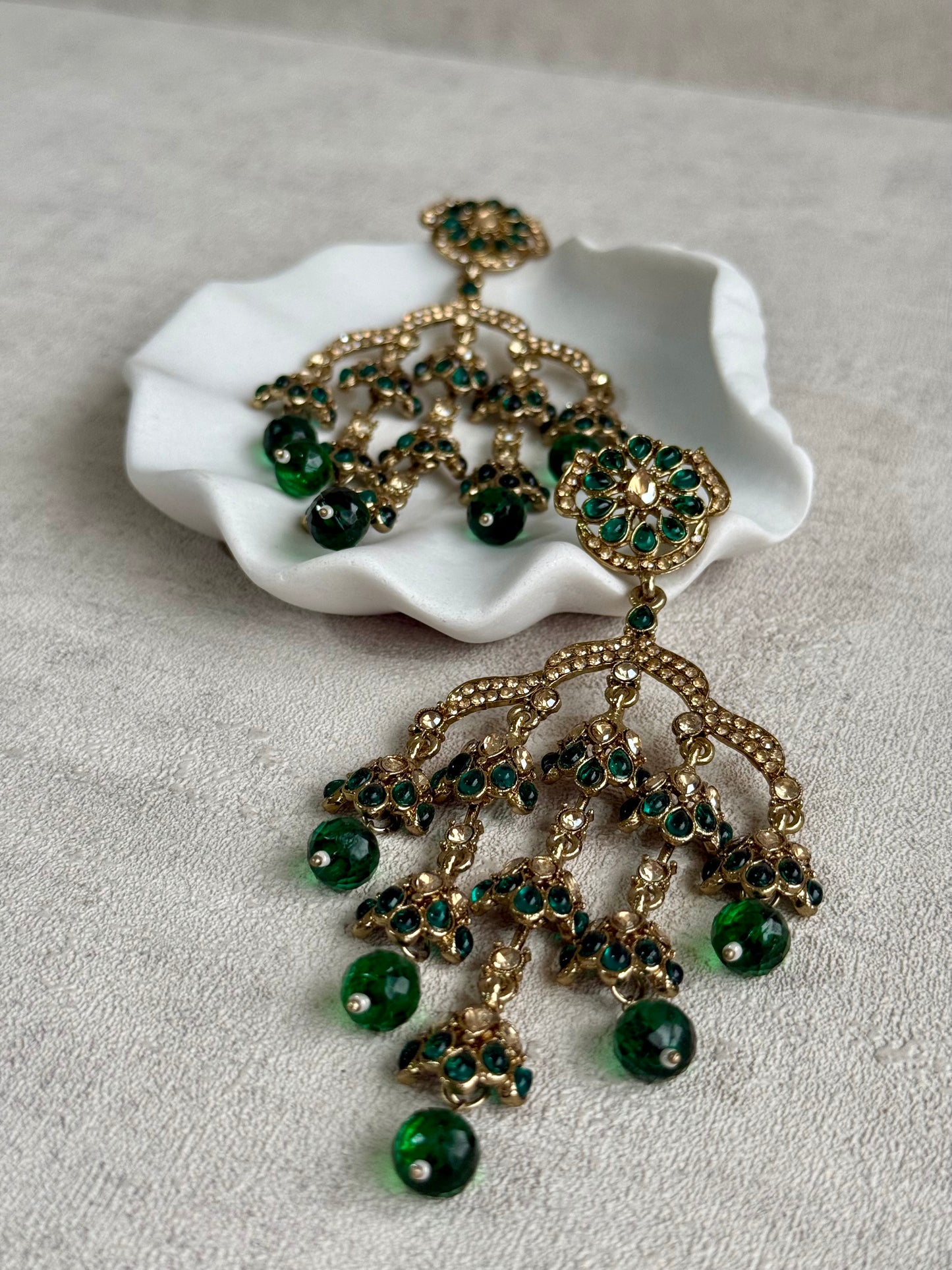 Ayura Designs Jasmine Earrings – Chandelier Earrings with Emerald Green Beads & Antique Gold Detailing