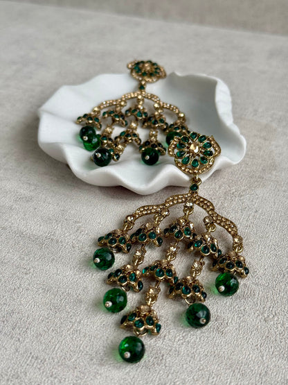 Ayura Designs Jasmine Earrings – Chandelier Earrings with Emerald Green Beads & Antique Gold Detailing