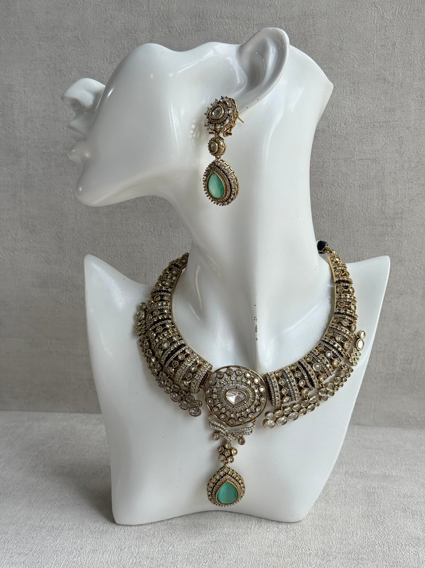 Ayura Designs Ahana Necklace Set with Earrings – Mint Green Teardrop Stones & Moissanite Detailing