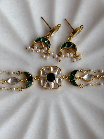 Ayura Designs Mahi Choker Set with Earrings – Meenakari Kundan Emerald Green & Ivory Detailing