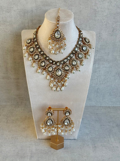 Ayura Designs Ishyat Set with Necklace, Earrings & Tikka – Kundan Detailing, Ivory Pearl Drops