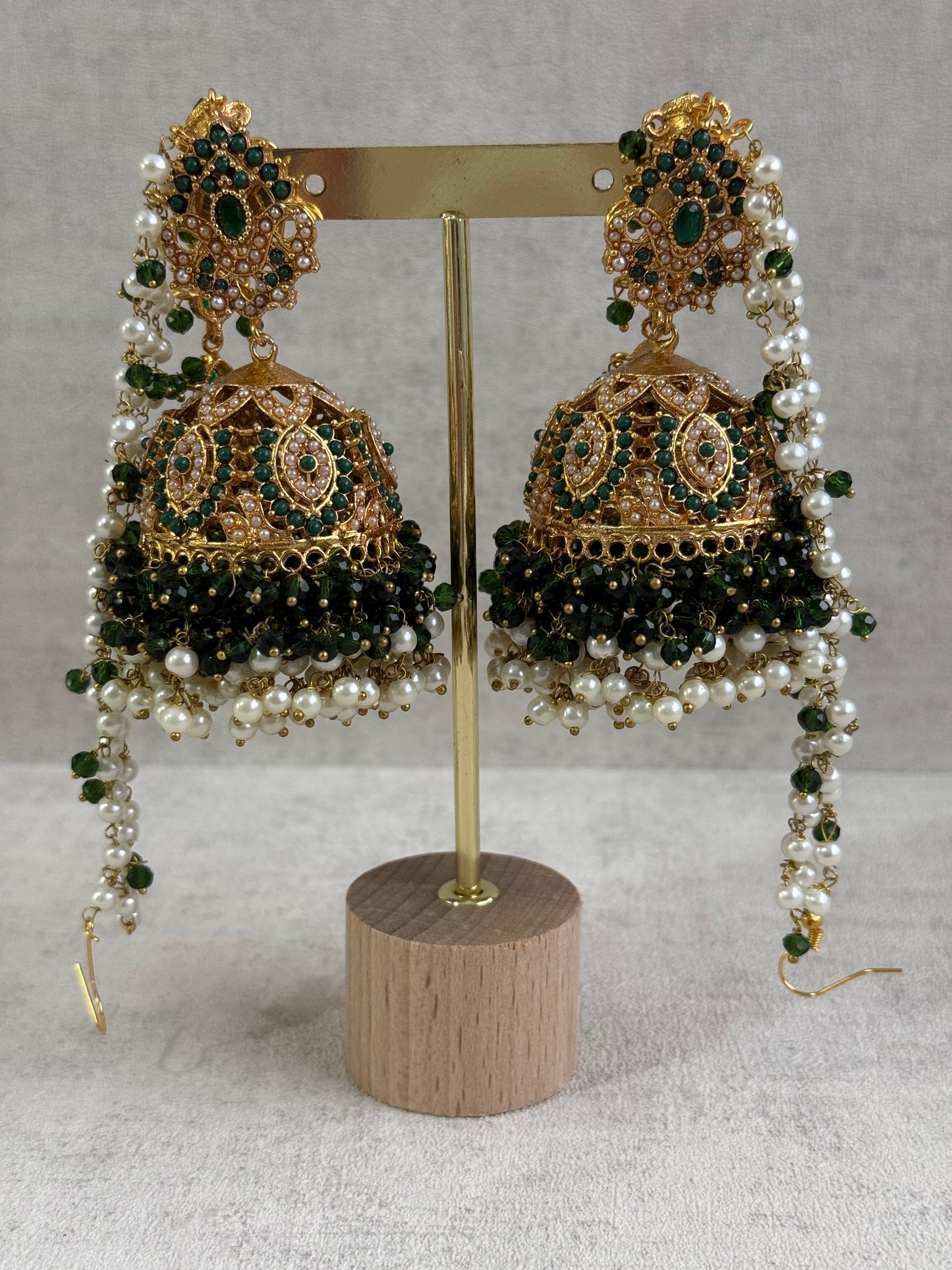 Ayura Designs Noor Set – Choker, Jhumkis with Sahare & Tikka in Emerald Green with Pearl Detailing