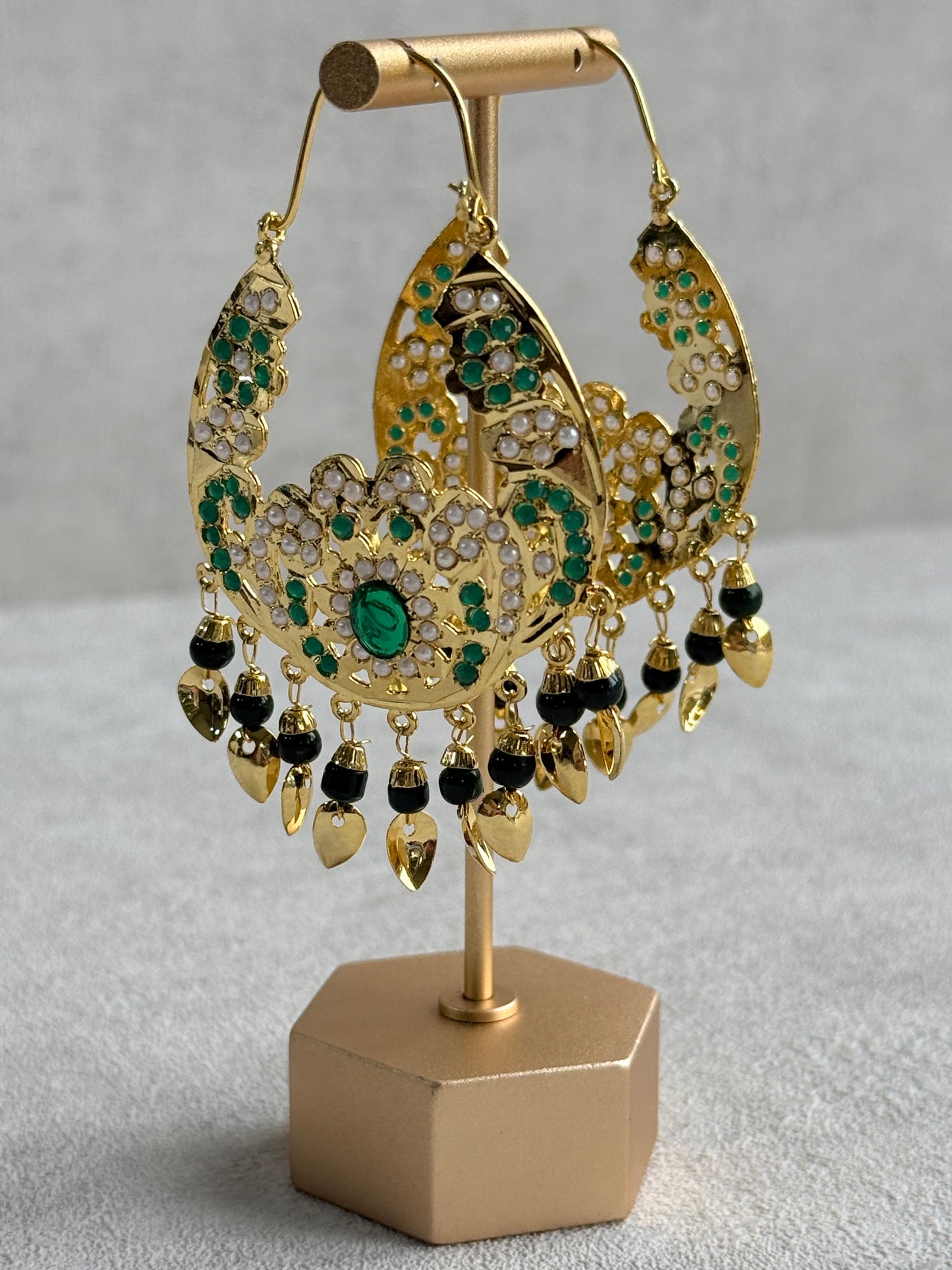 Ayura Designs Nimrat Balis – Emerald Green & Ivory Pearls with Pippal Patti & Gold Finish