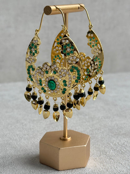 Ayura Designs Nimrat Balis – Emerald Green & Ivory Pearls with Pippal Patti & Gold Finish