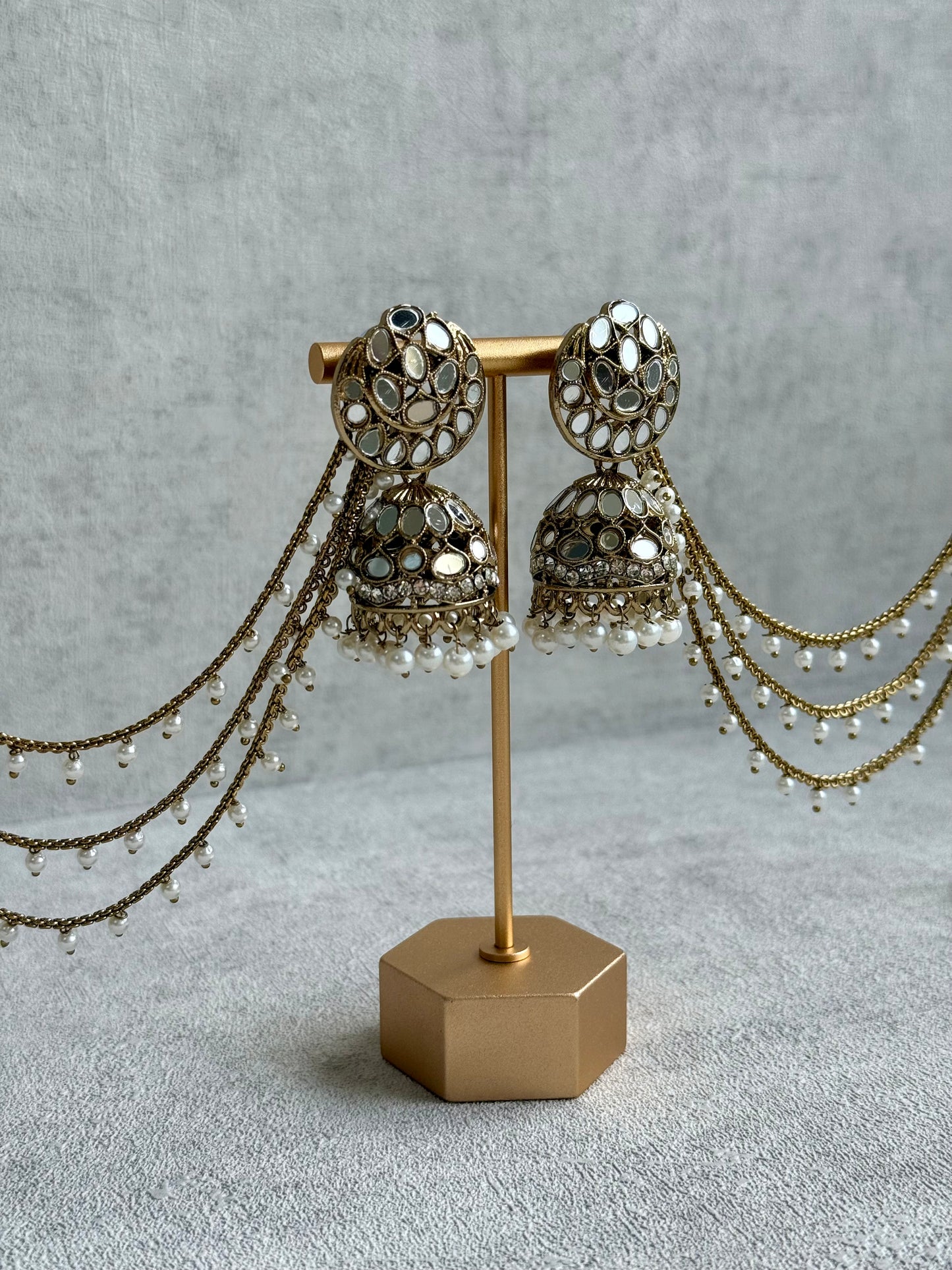 Ayura Designs Aaina Jhumkis – Antique Gold Mirror-Cut Dome Earrings with Detachable Pearl Sahare