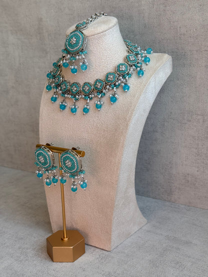Ayura Designs Nomal Set with Earrings & Tikka – Aqua Blue Beads, Pearl Detailing & Silver Finish