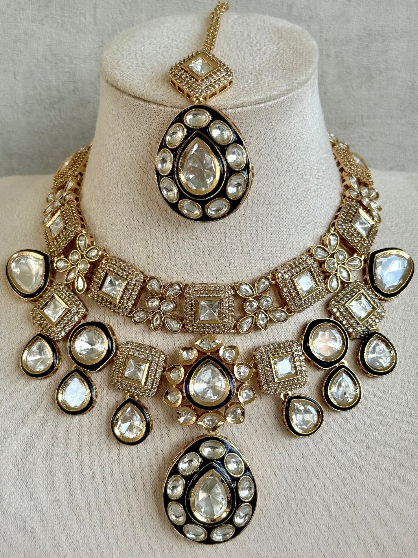 Ayura Designs Avani Set with Earrings & Tikka – Mirror-Cut Stones with Deep Blue Enamel Detailing & Crystal Borders