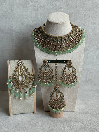 Ayura Designs Sajda Bridal Set with Necklace, Earrings, Tikka & Passa – Pistachio Green Beads, Kundan & Mirror-Cut Detailing