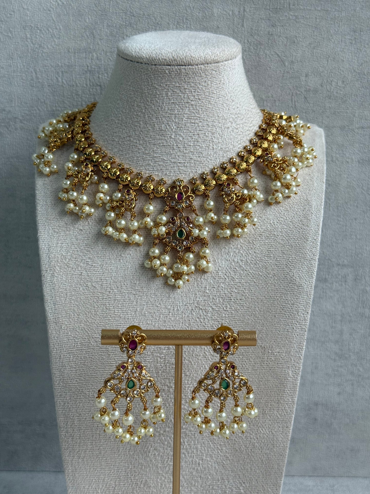 Ayura Designs Tanvi Set – Antique Gold Necklace & Earrings with Kundan, Ruby, Emerald & Pearl Detailing