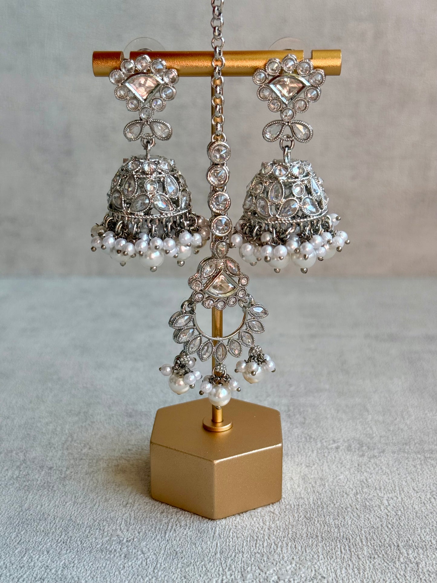 Ayura Designs Fozia Set with Necklace, Jhumkis & Tikka – Mirror-Cut Stones & Pearl Detailing in Silver Finish