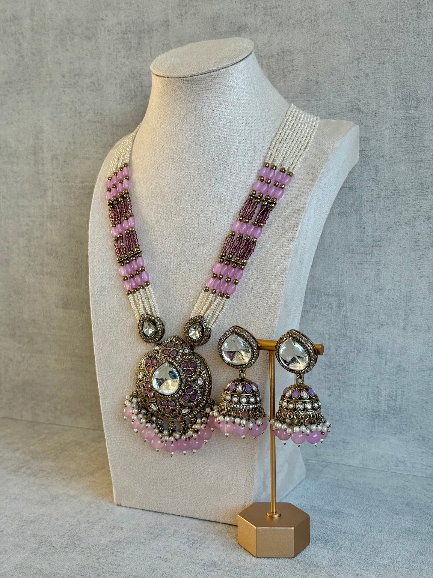 Ayura Designs Brielle Set – Necklace & Jhumkis with Mirror-Cut Stones, Dual-Tone Lilac & Ivory Beads