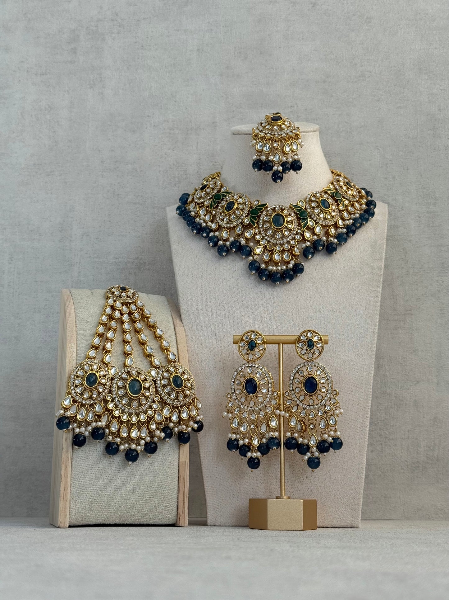 Ayura Designs Zara Set with Necklace, Earrings, Tikka & Passa – Antique Gold with Kundan Detailing & Ink Blue Stones & Beads