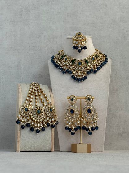 Ayura Designs Zara Set with Necklace, Earrings, Tikka & Passa – Antique Gold with Kundan Detailing & Ink Blue Stones & Beads