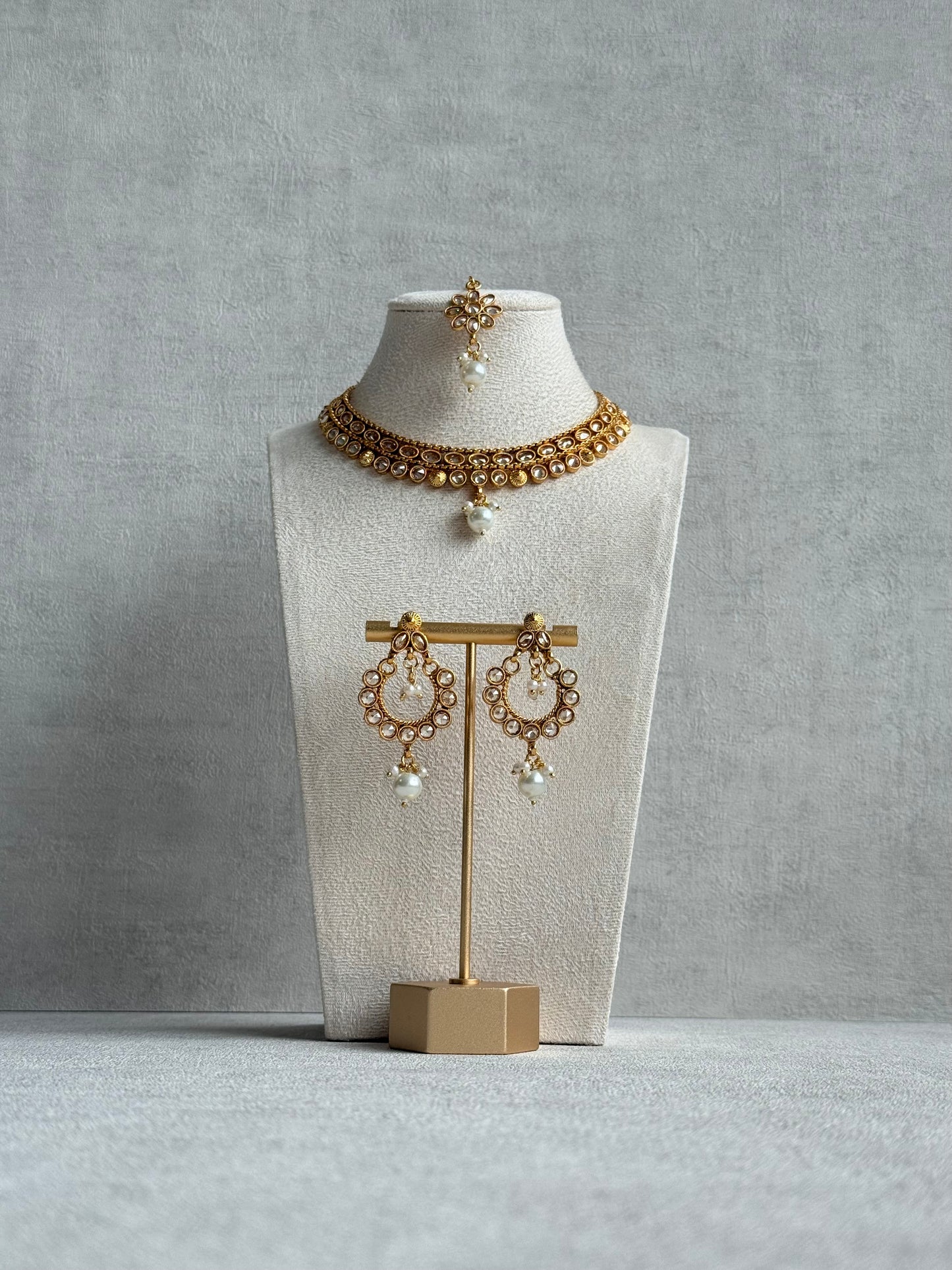 Ayura Designs Rashi Set with Earrings & Tikka – Mirror-Cut Stones with Ivory Pearl Drops in Antique Gold