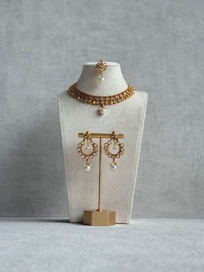 Ayura Designs Rashi Set with Earrings & Tikka – Mirror-Cut Stones with Ivory Pearl Drops in Antique Gold