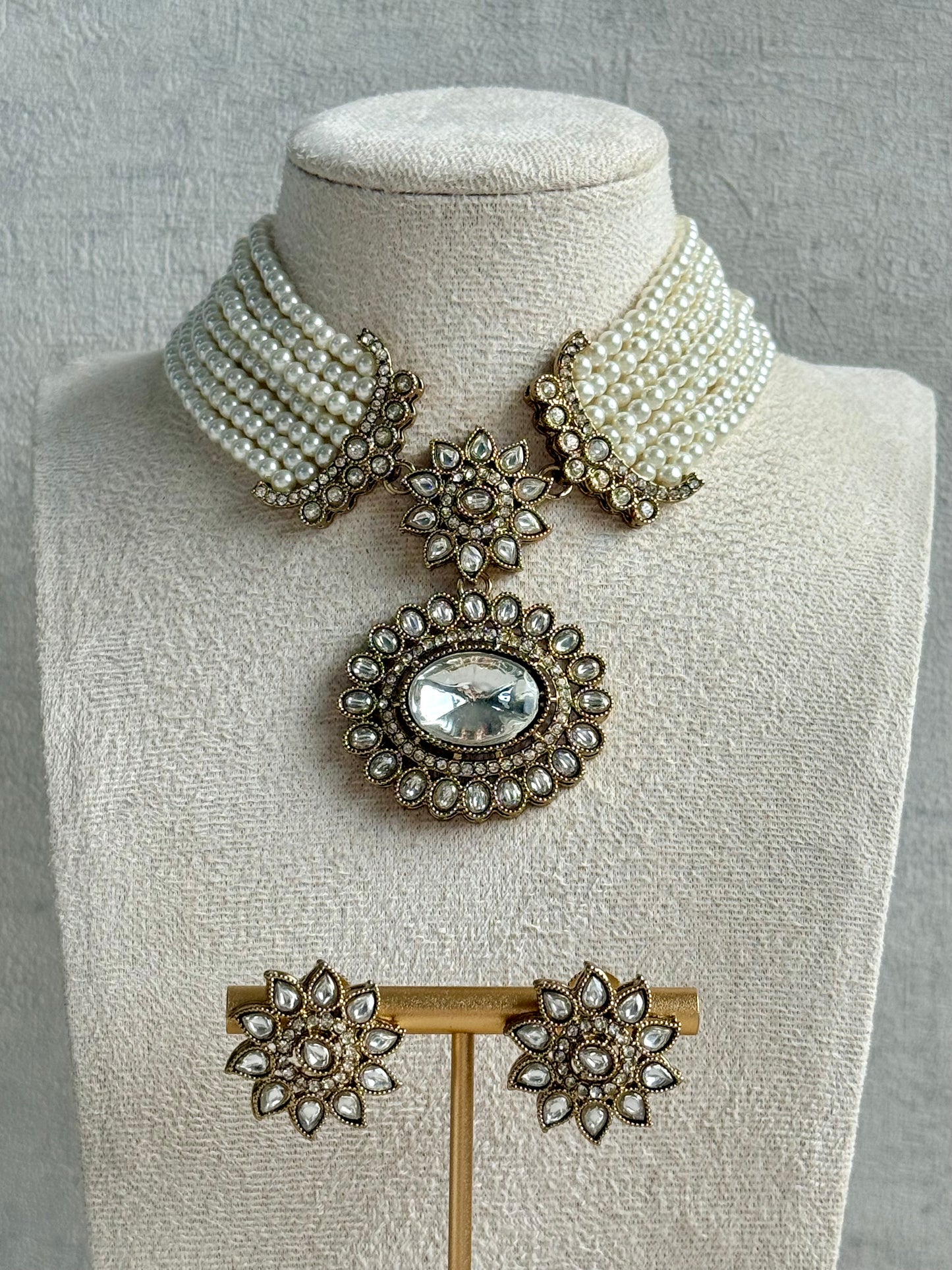 Ayura Designs Amaya Necklace Set with Studs – Antique Finish in Crystal Stones with Pearl Strands