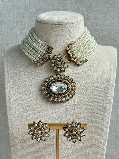 Ayura Designs Amaya Necklace Set with Studs – Antique Finish in Crystal Stones with Pearl Strands