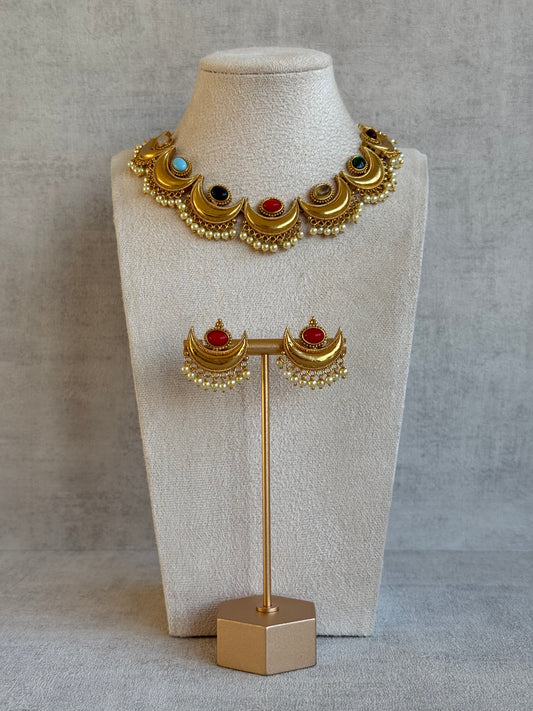 Ayura Designs Laksha Set with Earrings – Antique Gold Crescent Motifs, Multicolour Stones & Pearl Detailing