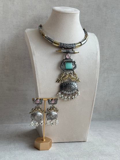Ayura Designs Tansen Necklace Set with Earrings – Dual Tone Oxidised Necklace with Bird Motifs, Aqua Centre Stone & Pearl Detailing