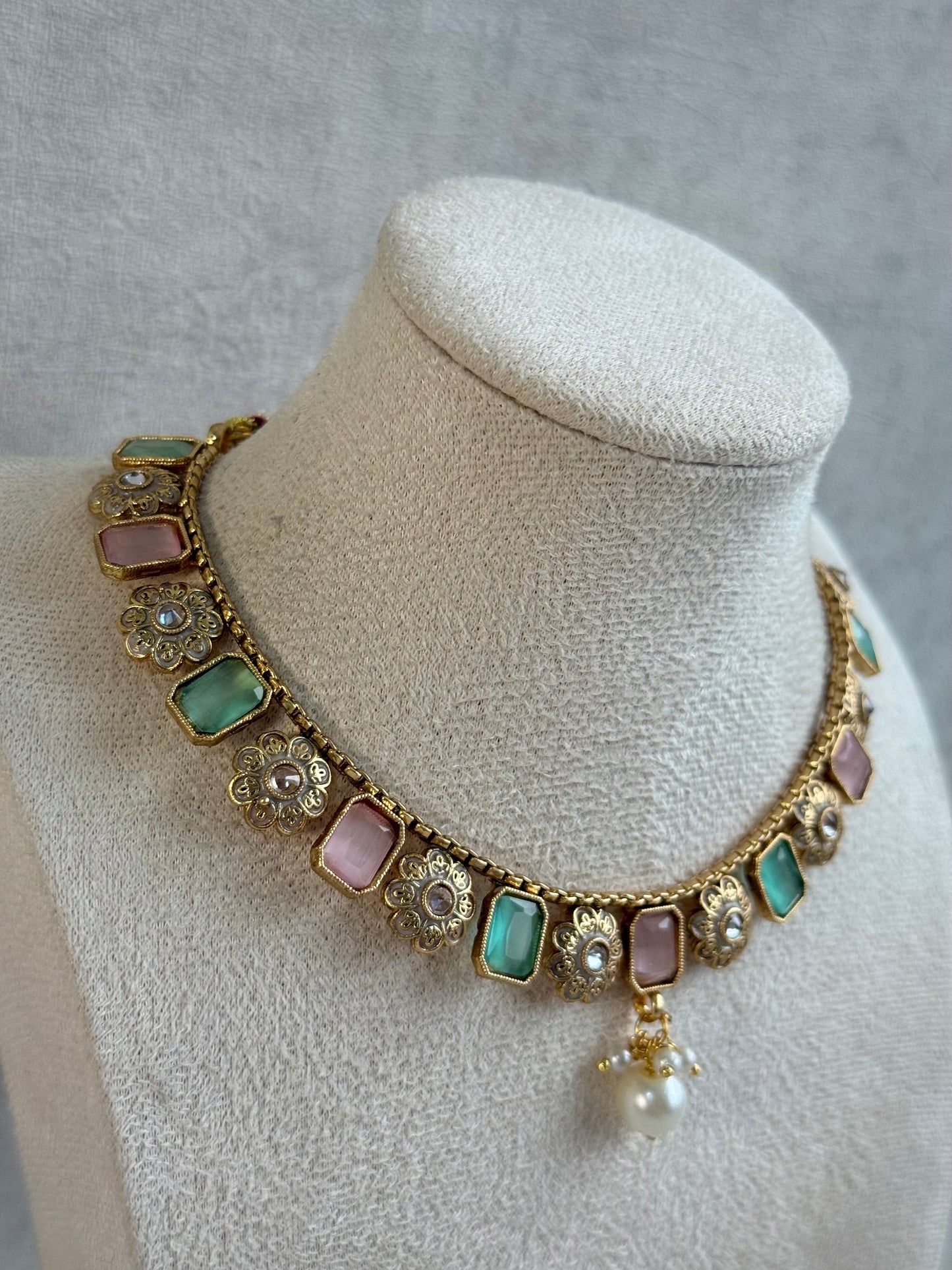 Ayura Designs Padma Necklace Set with Earrings – Blush Pink & Mint Green Stones with Pearl Drop Detailing