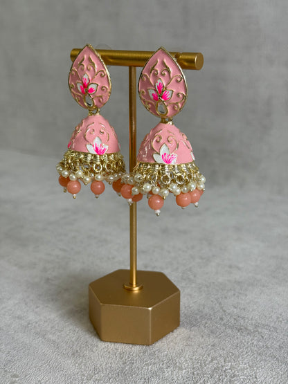 Ayura Designs Gia Jhumkis – Blush Pink Meenakari with Pink Lotus Motifs & Ivory Pearl Drops