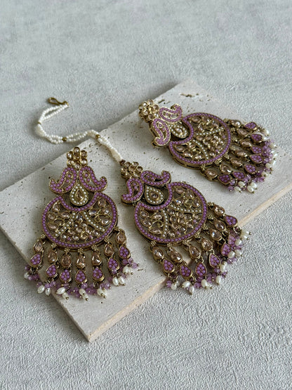 Ayura Designs Anvi Tikka Set with Earrings – Lilac with Champagne Stones & Pearl Drops