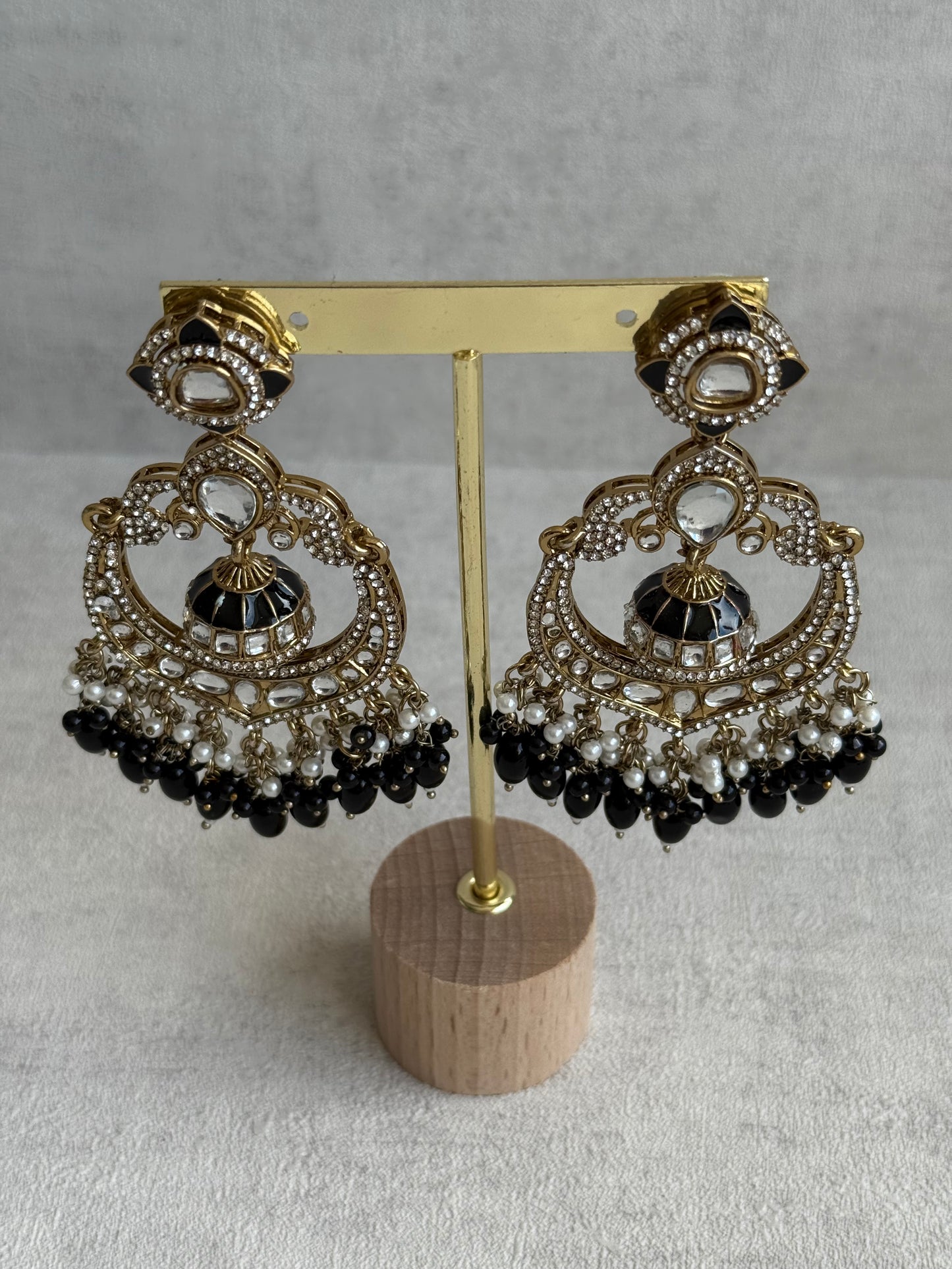 Ayura Designs Reha Earrings – Statement Chandbalis with Black Beads, Pearls & Mirror-Cut Stones